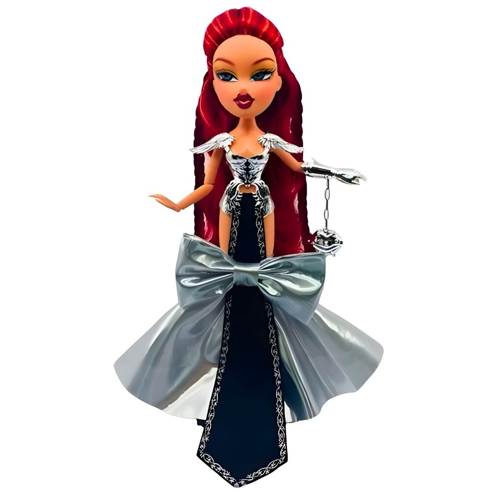 Muñeca Gaia Bratzaversary con cabello rojo y vestido negro y plateado