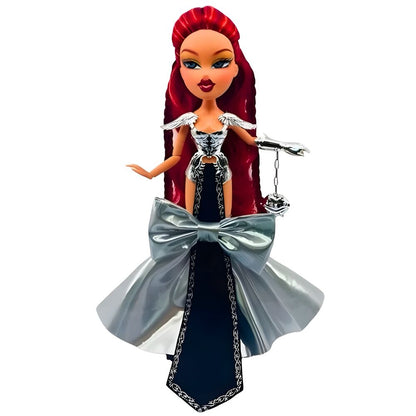 Muñeca Gaia Bratzaversary con cabello rojo y vestido negro y plateado