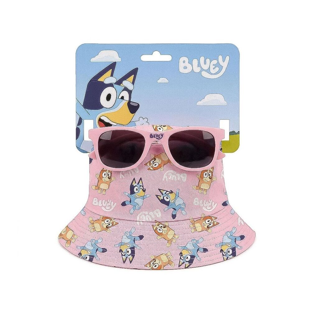 Gorro pescador rosa de Bluey con gafas de sol