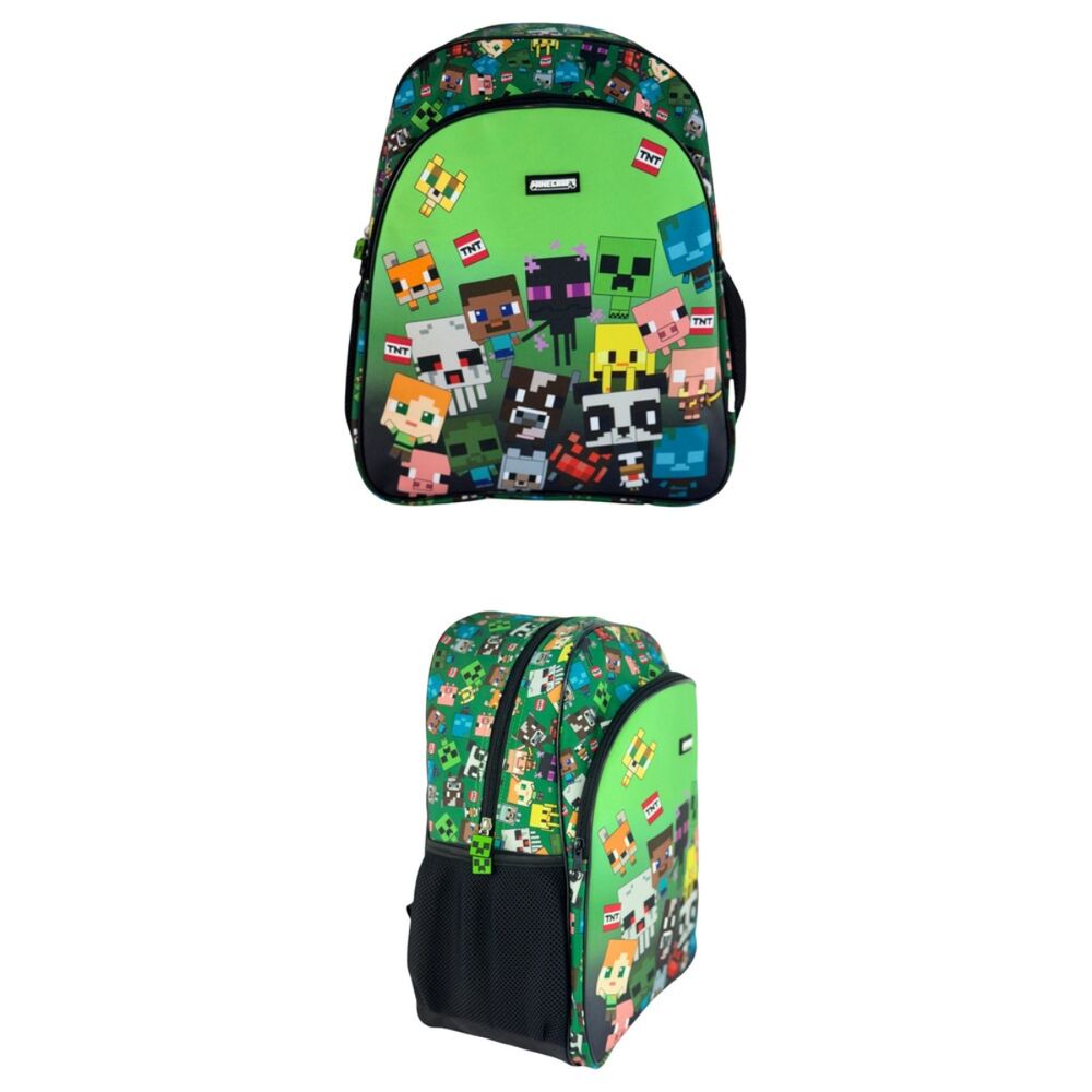 Mochila escolar verde Characters Minecraft con personajes pixelados