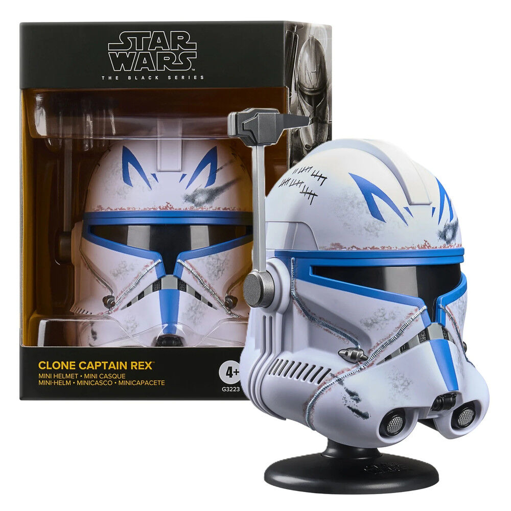 Casco mini Clone Captain Rex Star Wars blanco y azul sobre base negra