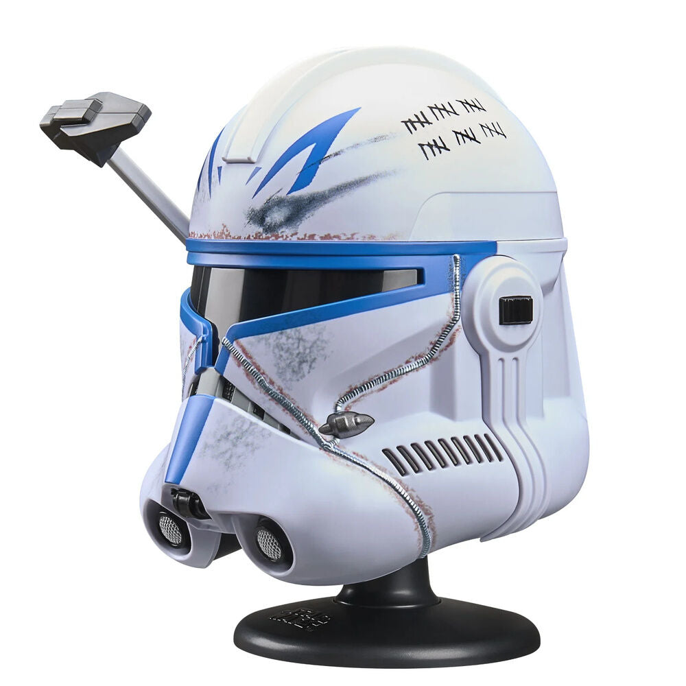 Casco mini Clone Captain Rex Star Wars blanco y azul sobre base negra - 4