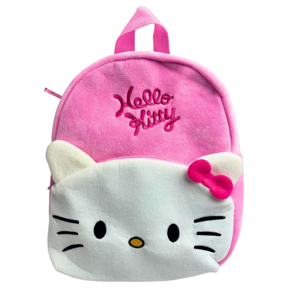Mochila rosa de peluche con rostro de Hello Kitty y lazo fucsia