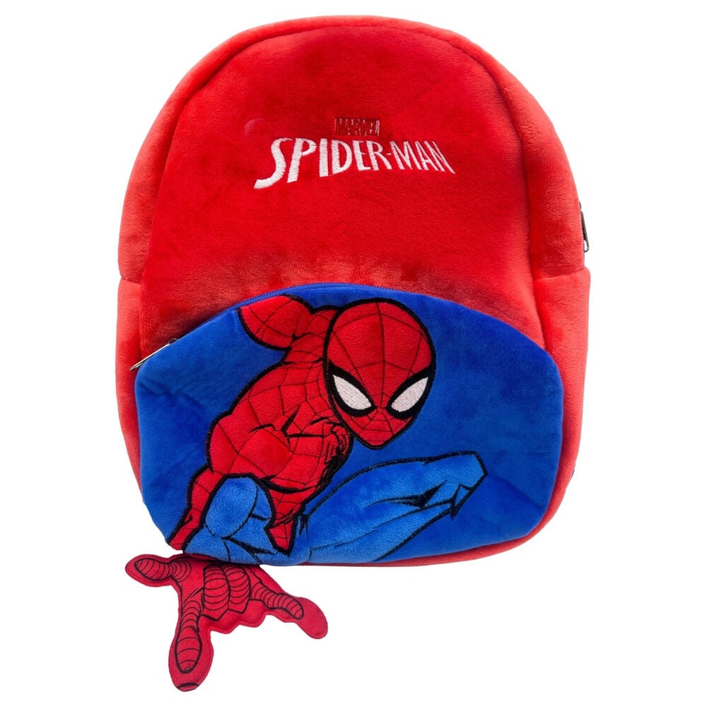 Mochila de peluche roja y azul de Spider-Man con bolsillo frontal