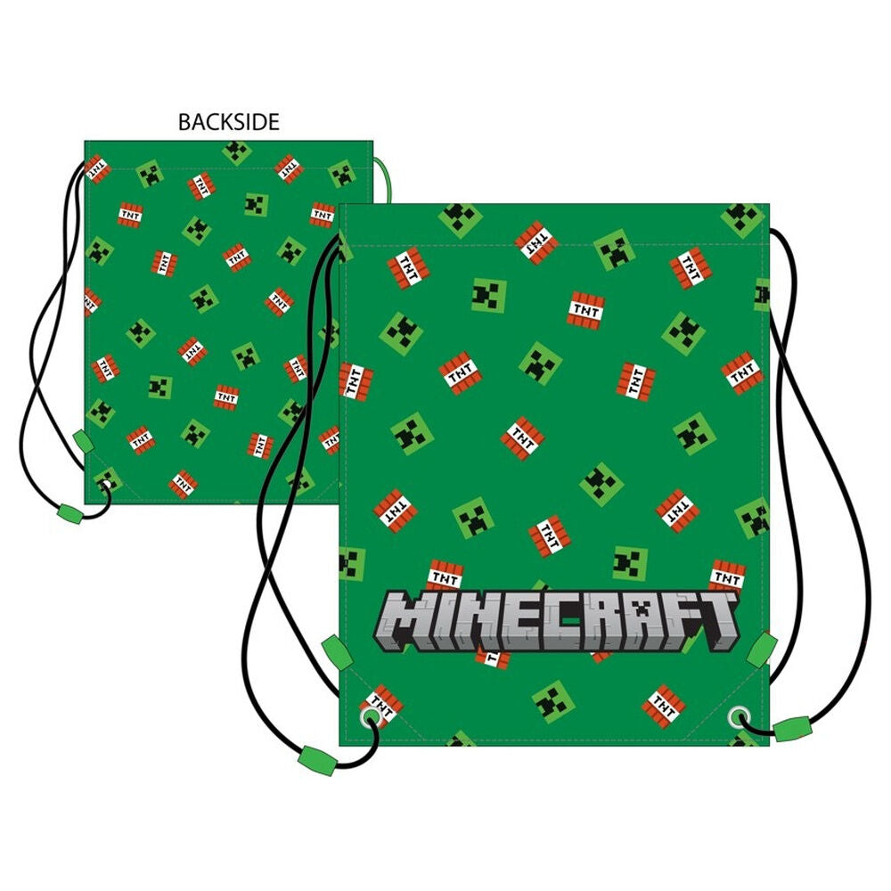 Saco mochila verde de Minecraft con Creepers y bloques de TNT