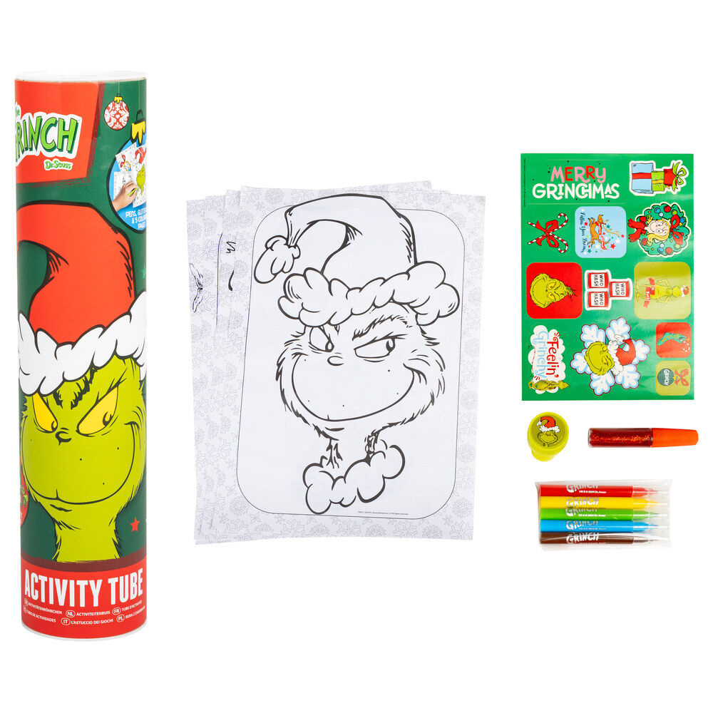 Set de actividades de El Grinch con láminas, adhesivos y materiales de colores