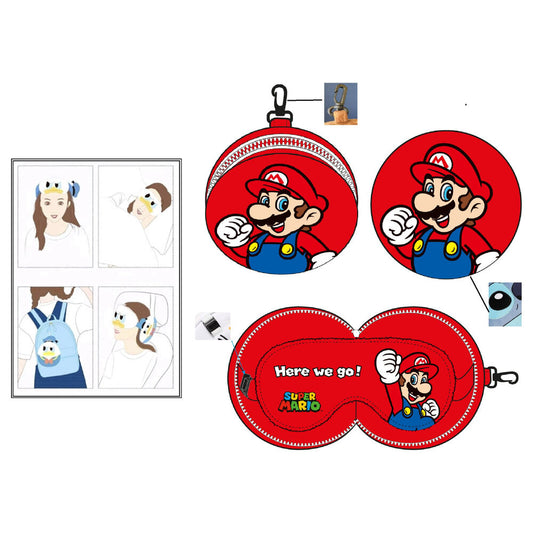 Cojín de viaje rojo con antifaz y diseño de Mario de Super Mario Bros