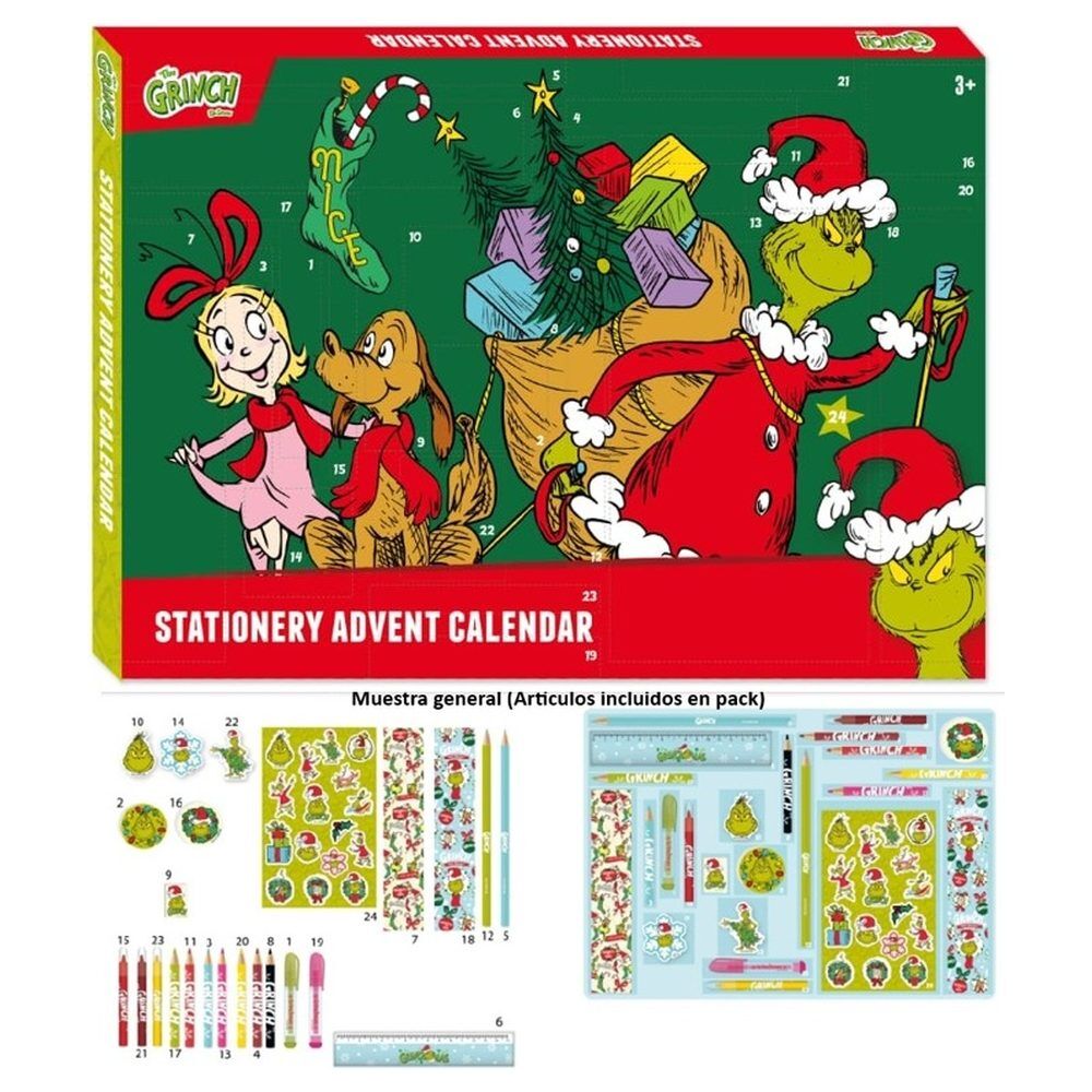Calendario de Adviento de papelería de El Grinch con 24 casillas