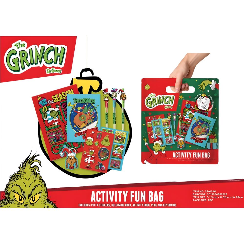 Set de actividades de El Grinch con libros, pegatinas, bolígrafos y llaveros