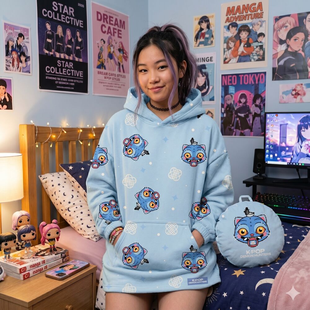 Sudadera cojín azul de K-Pop Demon Hunters con estampado de personajes - 5