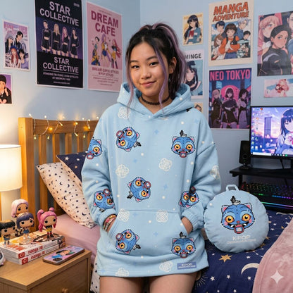 Sudadera cojín azul de K-Pop Demon Hunters con estampado de personajes - 5