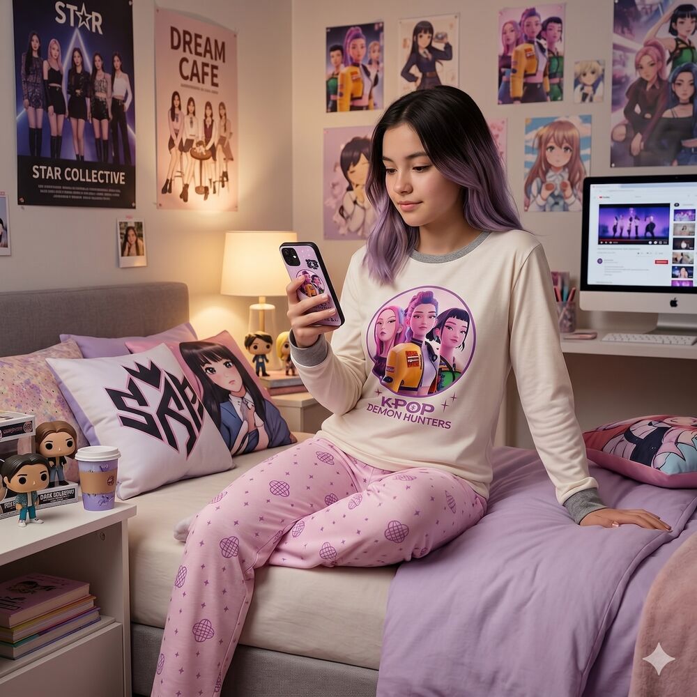 Pijama infantil KPop Demon Hunters de Netflix con camiseta crema y pantalón rosa - 2