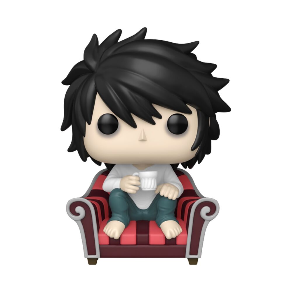 Figura Funko POP! de L de Death Note sentado en un sillón rojo