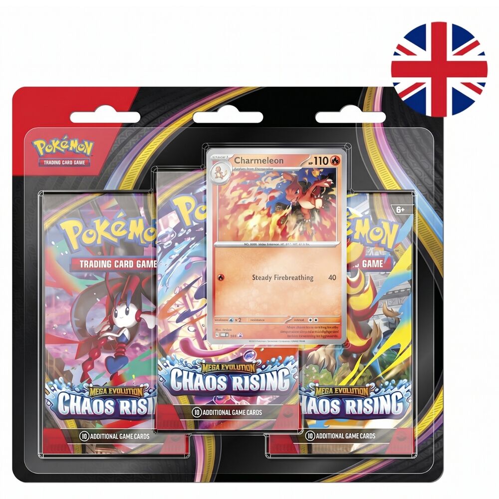 Blíster Pokémon TCG Mega Evolution Chaos Rising en inglés con tres sobres y carta promocional de Charmeleon