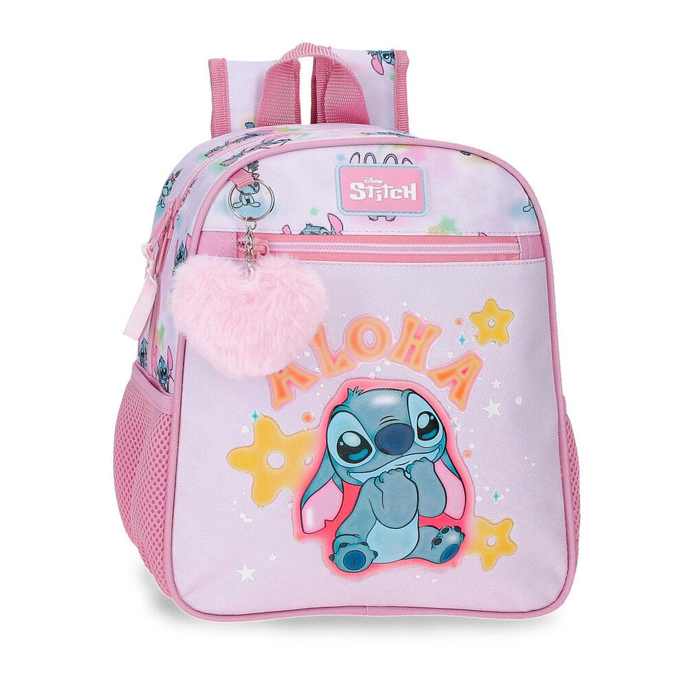 Mochila rosa de Stitch Disney con bolsillo frontal y pompón