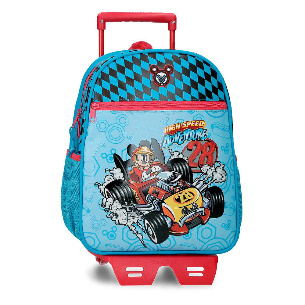 Trolley escolar Mickey Disney azul y rojo con diseño de coche de carreras