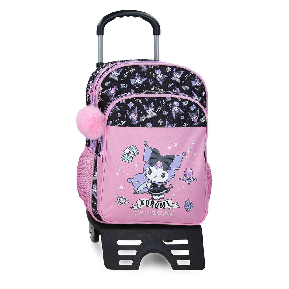 Trolley escolar rosa y negro de Kuromi con ruedas y asa telescópica