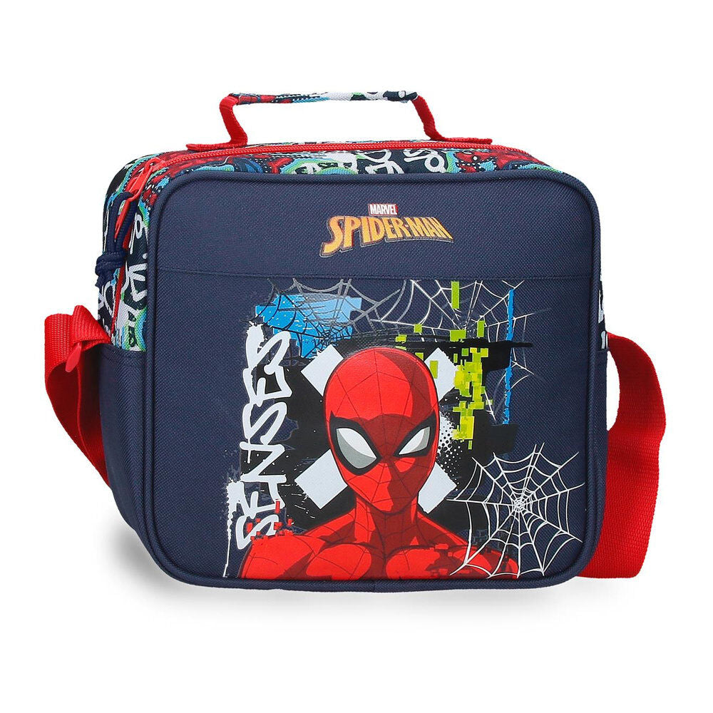 Neceser Spider-Man Marvel azul con diseño graffiti y correa roja