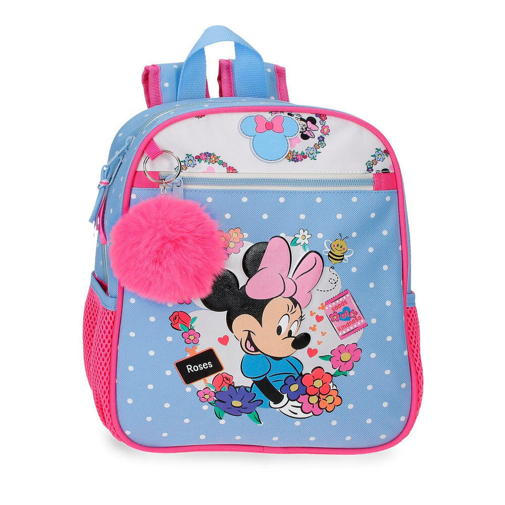 Mochila Flowers de Minnie Disney azul con flores y pompón rosa