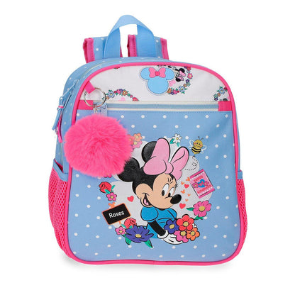 Mochila Flowers de Minnie Disney azul con flores y pompón rosa