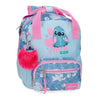 Mochila escolar azul y rosa de Stitch Disney con bolsillo frontal y pompón rosa