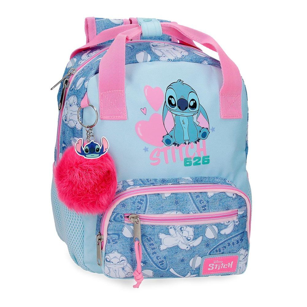Mochila escolar azul y rosa de Stitch Disney con bolsillo frontal y pompón rosa