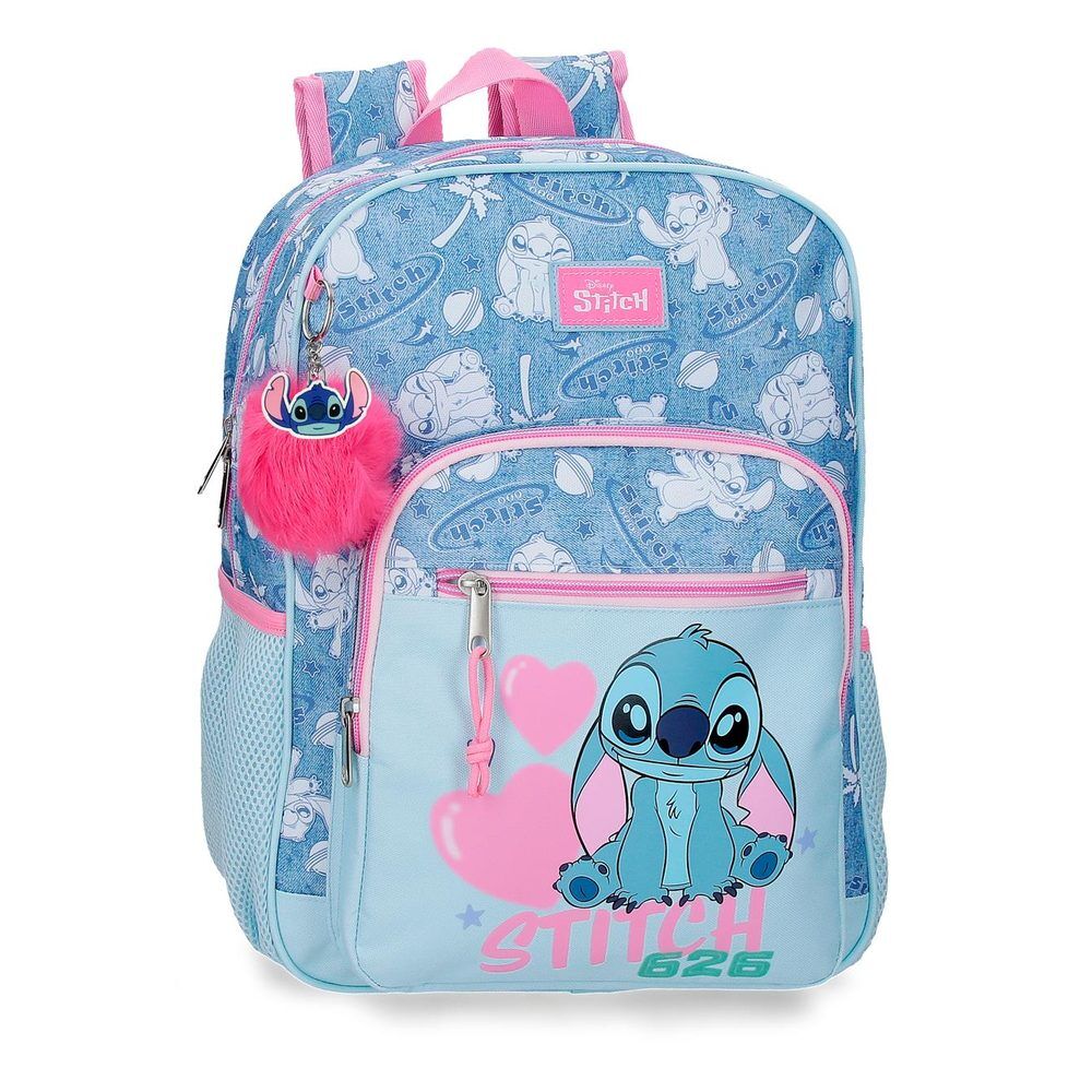 Mochila escolar azul y rosa de Stitch Disney adaptable a carro