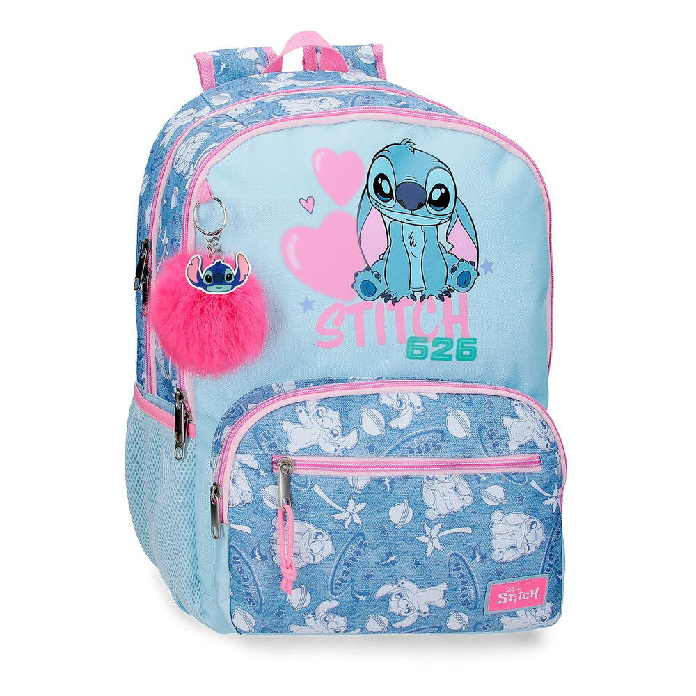 Mochila Hearts Stitch Disney azul y rosa adaptable a carro
