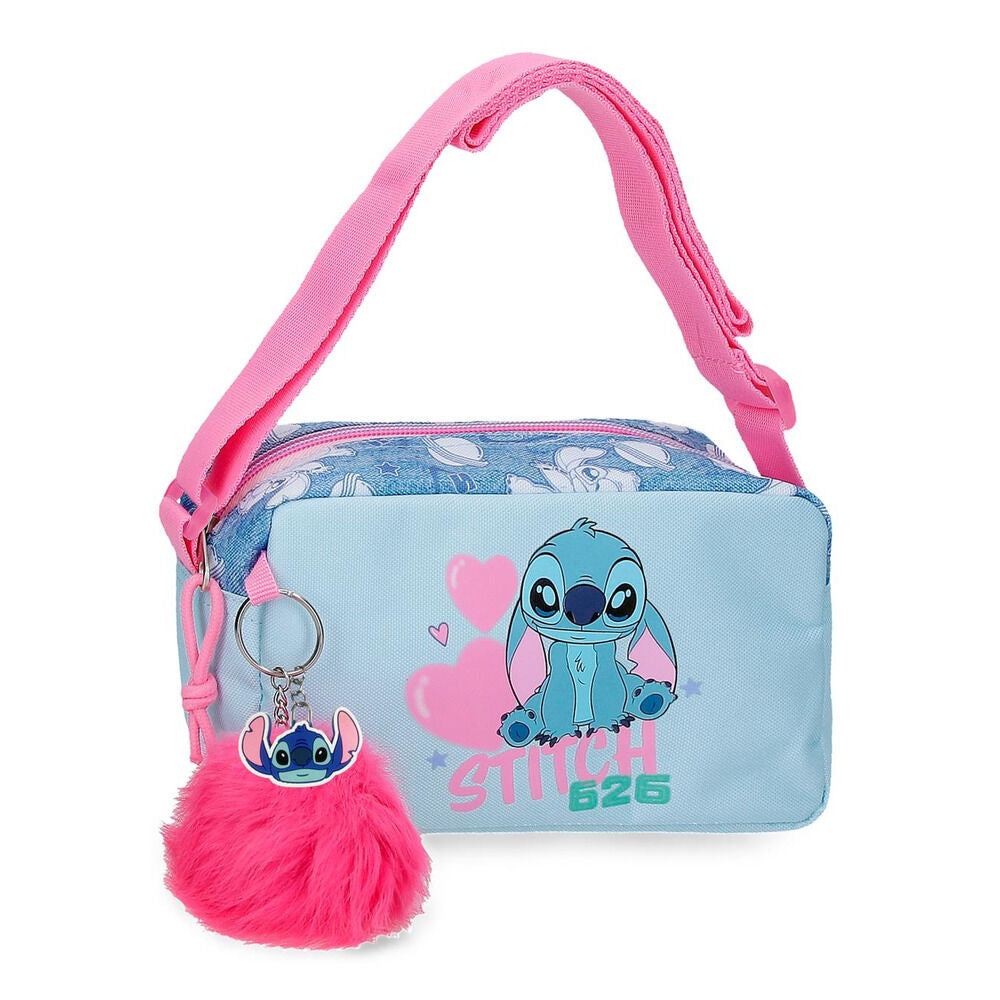 Bandolera azul y rosa de Stitch Disney con corazones y pompón rosa