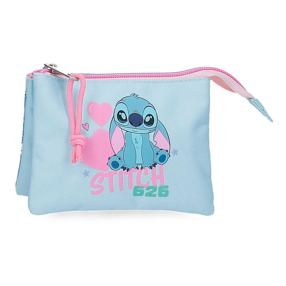 Neceser azul claro Stitch Disney con corazones rosas y cremallera