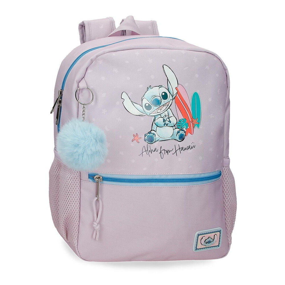 Mochila lila de Stitch Disney con tablas de surf y pompón azul