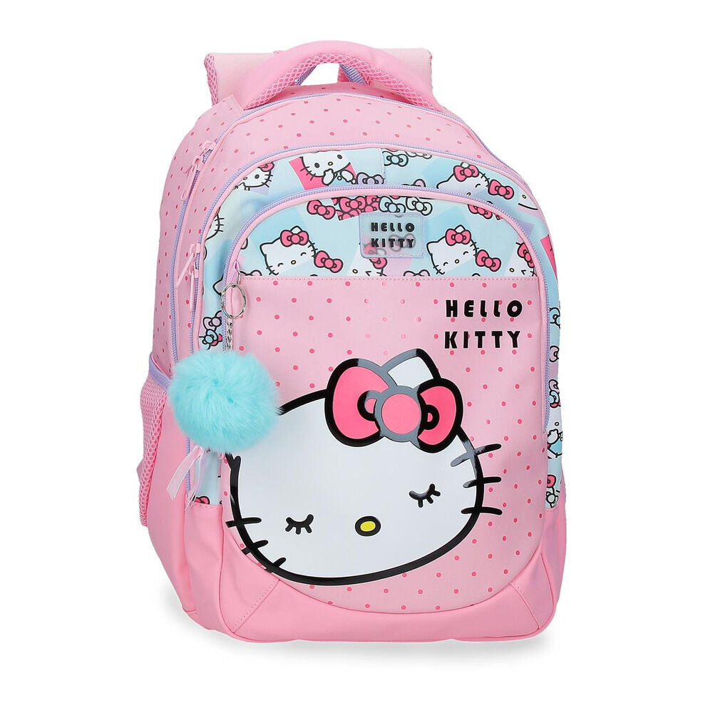 Mochila rosa Hello Kitty Bows de 42 cm con bolsillo frontal y pompón azul