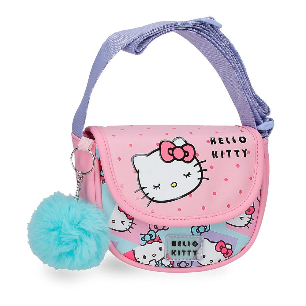 Bandolera rosa Hello Kitty Bows con correa lila y pompón turquesa