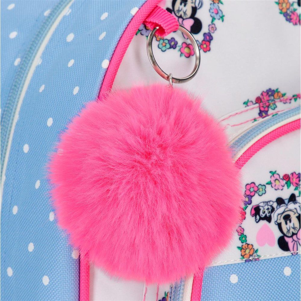 Mochila Flowers de Minnie Disney azul con flores y pompón rosa - 2
