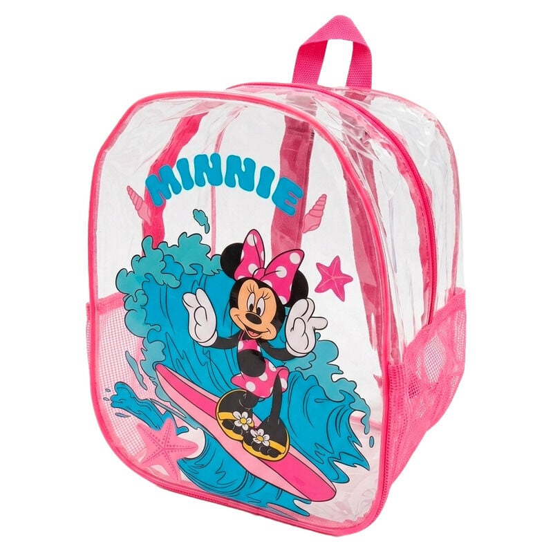Mochila transparente de PVC Minnie Disney con diseño de surf y detalles rosas