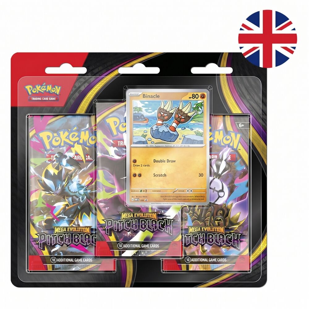 Blíster Pokémon TCG Mega Evolution—Pitch Black con tres sobres y carta promocional de Binacle