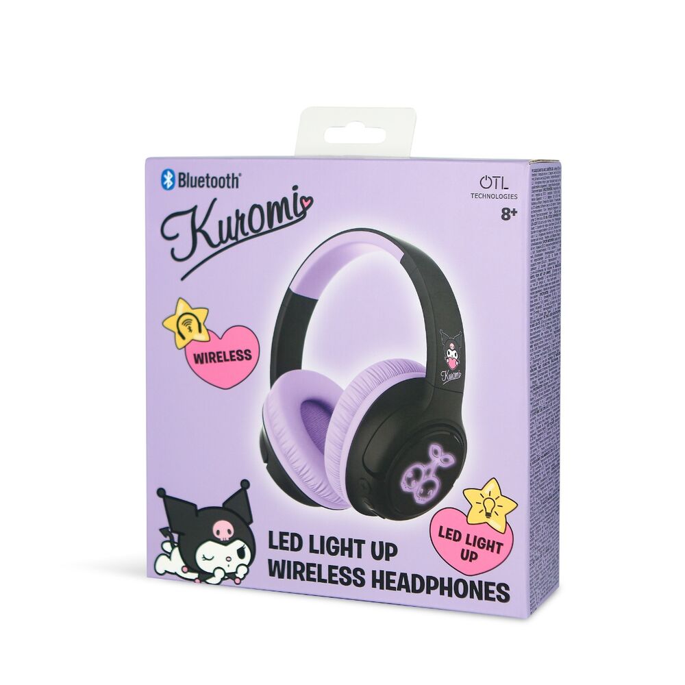 Auriculares infantiles inalámbricos Kuromi Hello Kitty negros y lilas con luces LED - 4