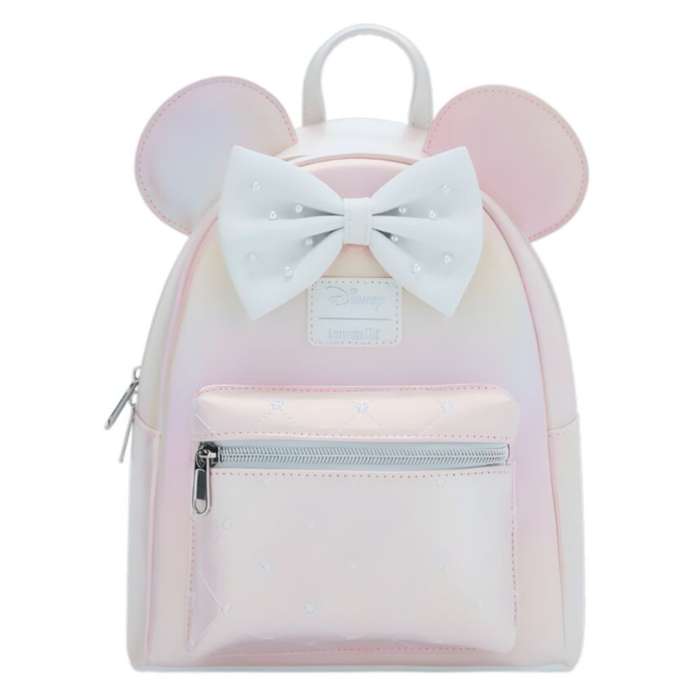 Mochila Disney Loungefly Pink Pearl de Minnie Mouse con orejas y lazo blanco