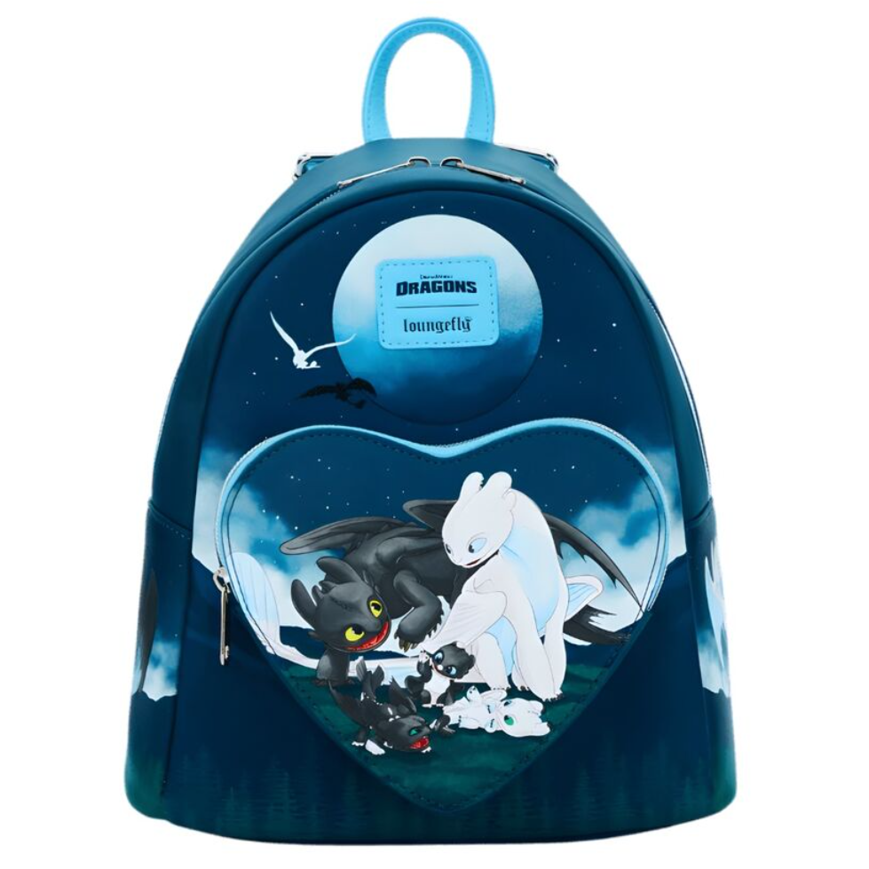 Mochila Loungefly azul de Toothless y Light Fury con diseño de dragones