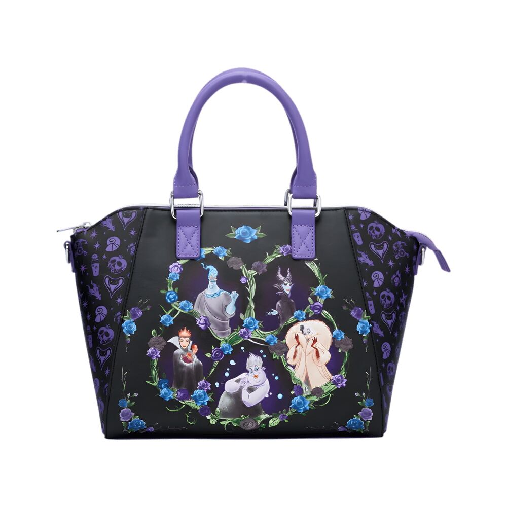 Bolso satchel Loungefly Disney Villains negro con flores y asas moradas