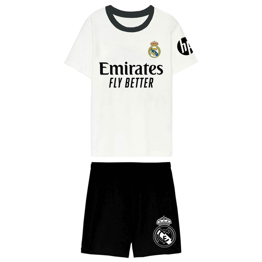 Pijama infantil del Real Madrid con camiseta blanca y pantalón corto negro