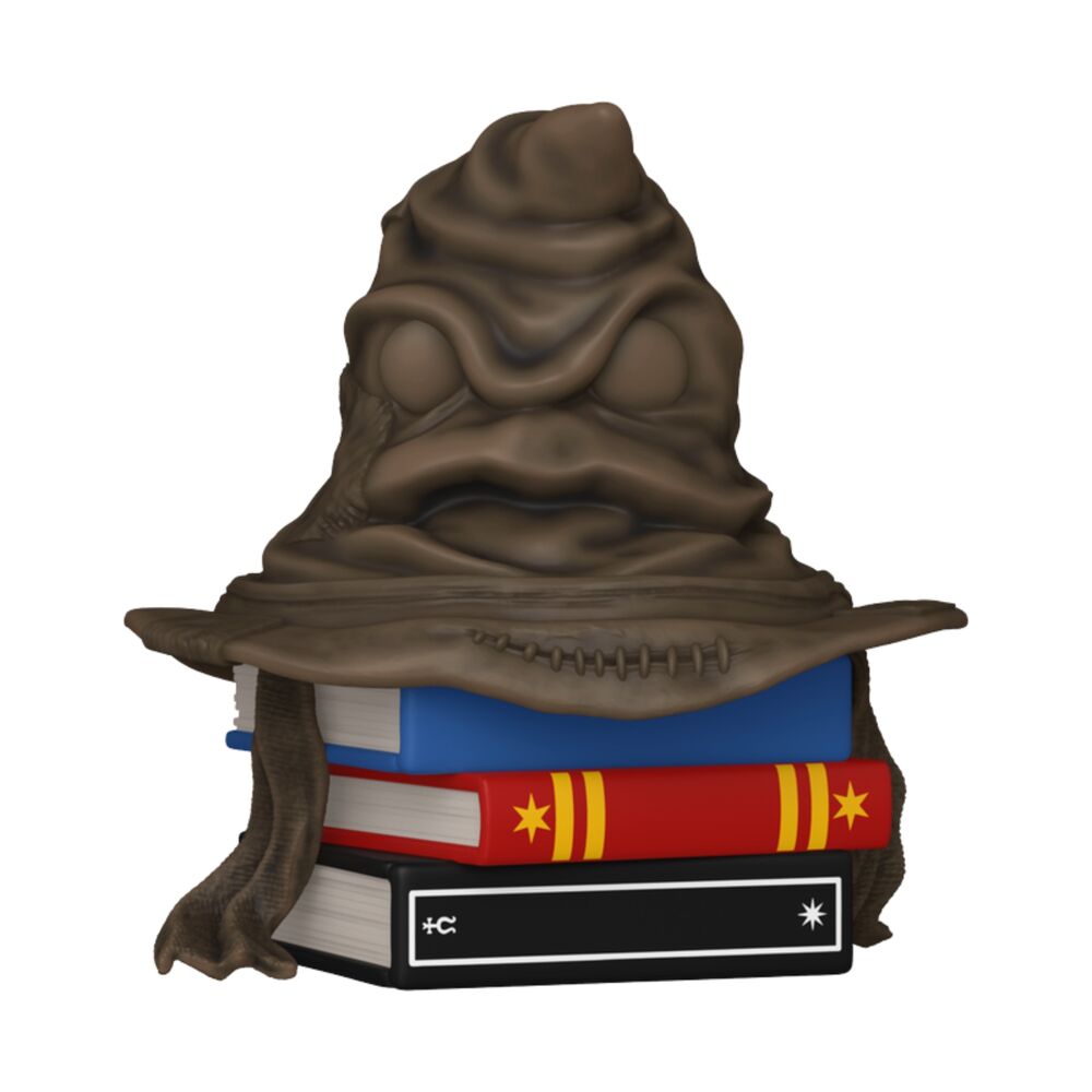 Figura Funko POP! Harry Potter Sorting Hat sobre una pila de libros