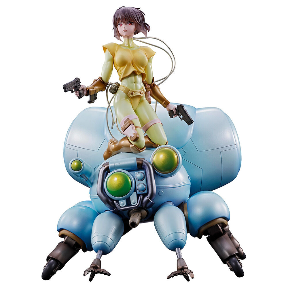 Figura de Motoko Kusanagi sentada sobre un Fuchikoma azul