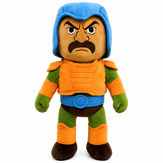 Peluche de Man-At-Arms de Masters of the Universe con casco azul y armadura naranja
