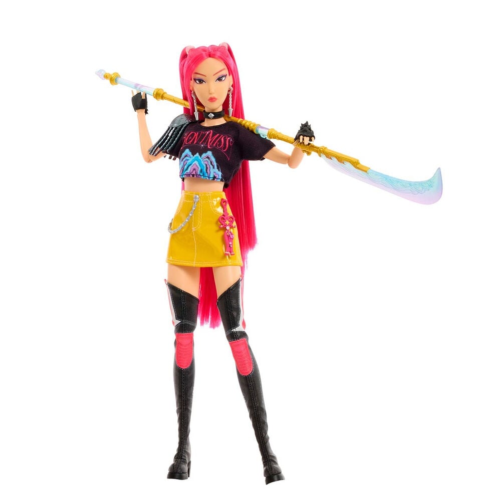 Muñeca Mira de KPop Demon Hunters con cabello rosa y bastón