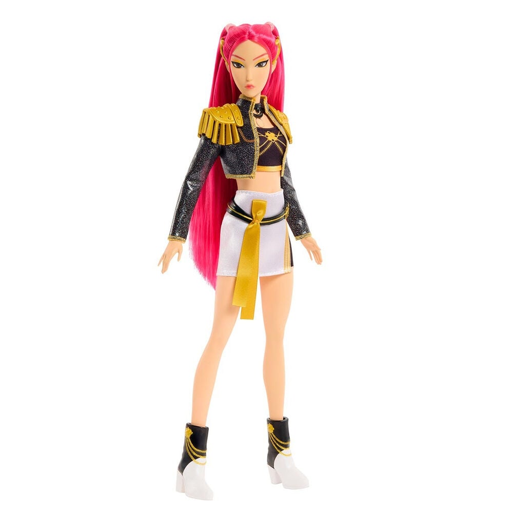 Muñeca musical Mira de KPop Demon Hunters con cabello rosa y vestuario negro, blanco y dorado