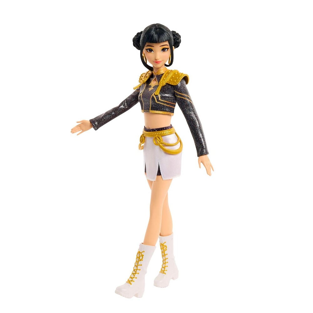 Muñeca musical Zoey de KPop Demon Hunters con atuendo negro, dorado y blanco