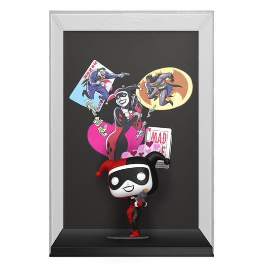 Figura FUNKO POP! Comic Covers de Harley Quinn con fondo gráfico de DC Comics