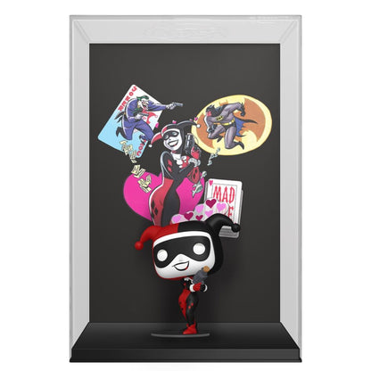 Figura FUNKO POP! Comic Covers de Harley Quinn con fondo gráfico de DC Comics