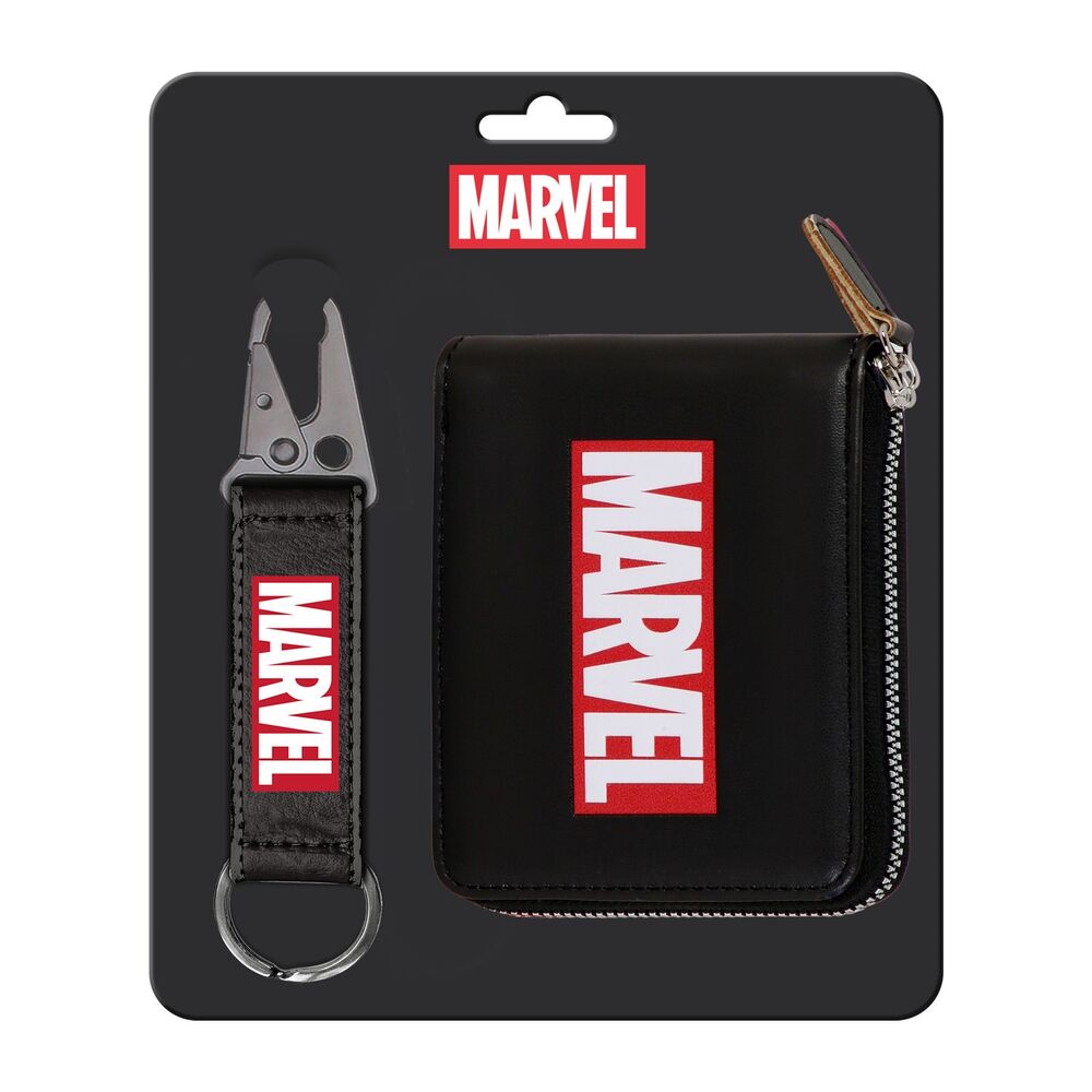 Set de cartera negra y llavero Marvel con logotipo rojo y blanco